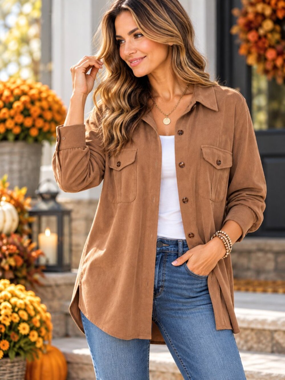 Rafaella Button Front Shirt Chestnut Brown Utility Pockets Size 10
